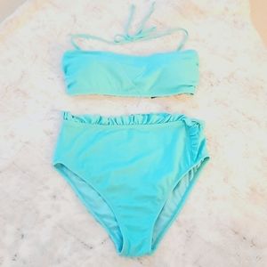 NWT, Turquoise 2 piece high waist ruffle  swimsuit. Top L, bottom M.